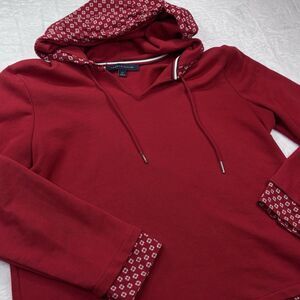 Tommy Hilfiger Red Knit Sweater Hoodie L Floral Trim V-Neck Coquette Coastal